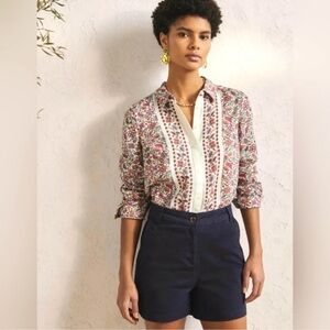 Boden Relaxed Linen Button Down Floral Blouse Shirt 6 Long